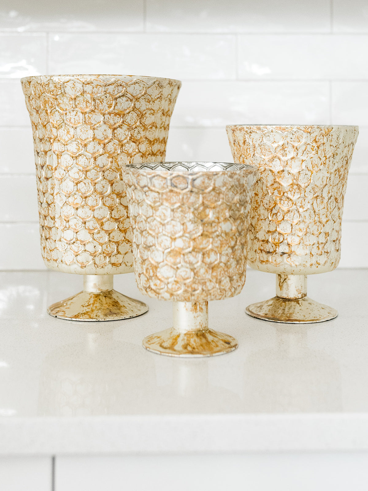Honeycomb Burnt Champagne Mercury Glass Fluted Vases