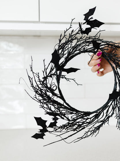 Black Glitter Twig & Bat Wreath - 2 Sizes