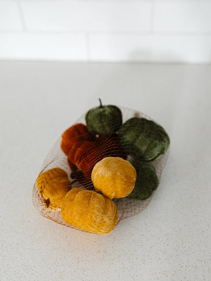 Bag of 9 Velvet Oranges and Green Pumpkins