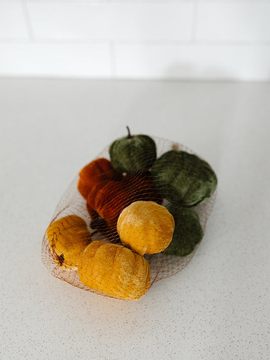 Bag of 9 Velvet Oranges and Green Pumpkins