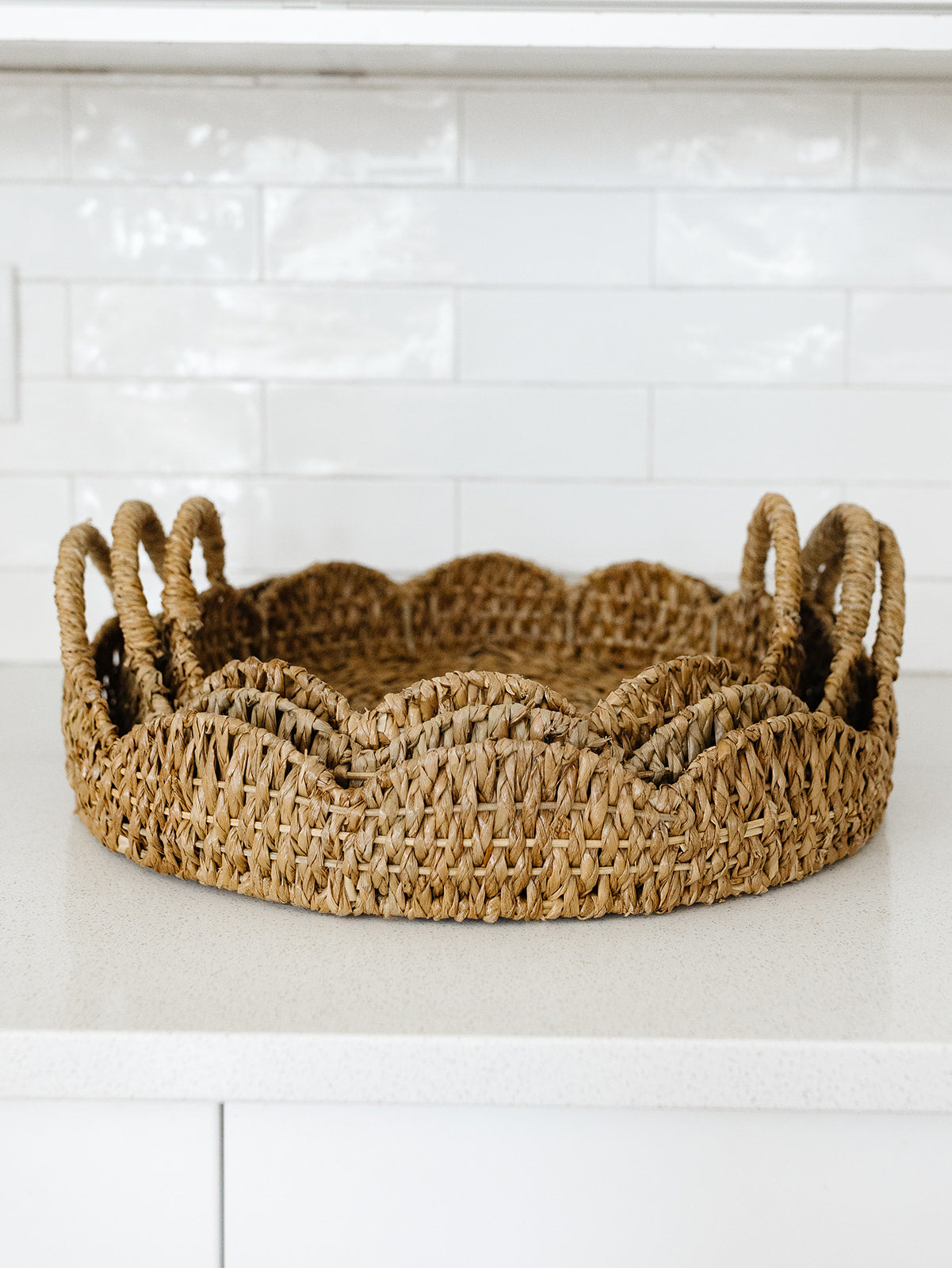 Bankuan and Rattan Scalloped Tray Basket - 3 Sizes