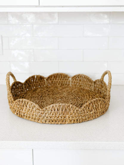 Bankuan and Rattan Scalloped Tray Basket - 3 Sizes