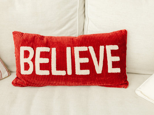 Believe Lumbar Red Pillow