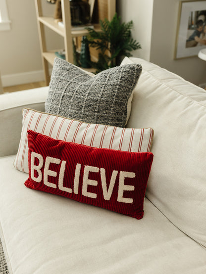 Believe Lumbar Red Pillow