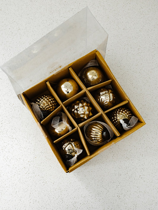 Box of Mini Gold Mercury Glass Ornaments - 9