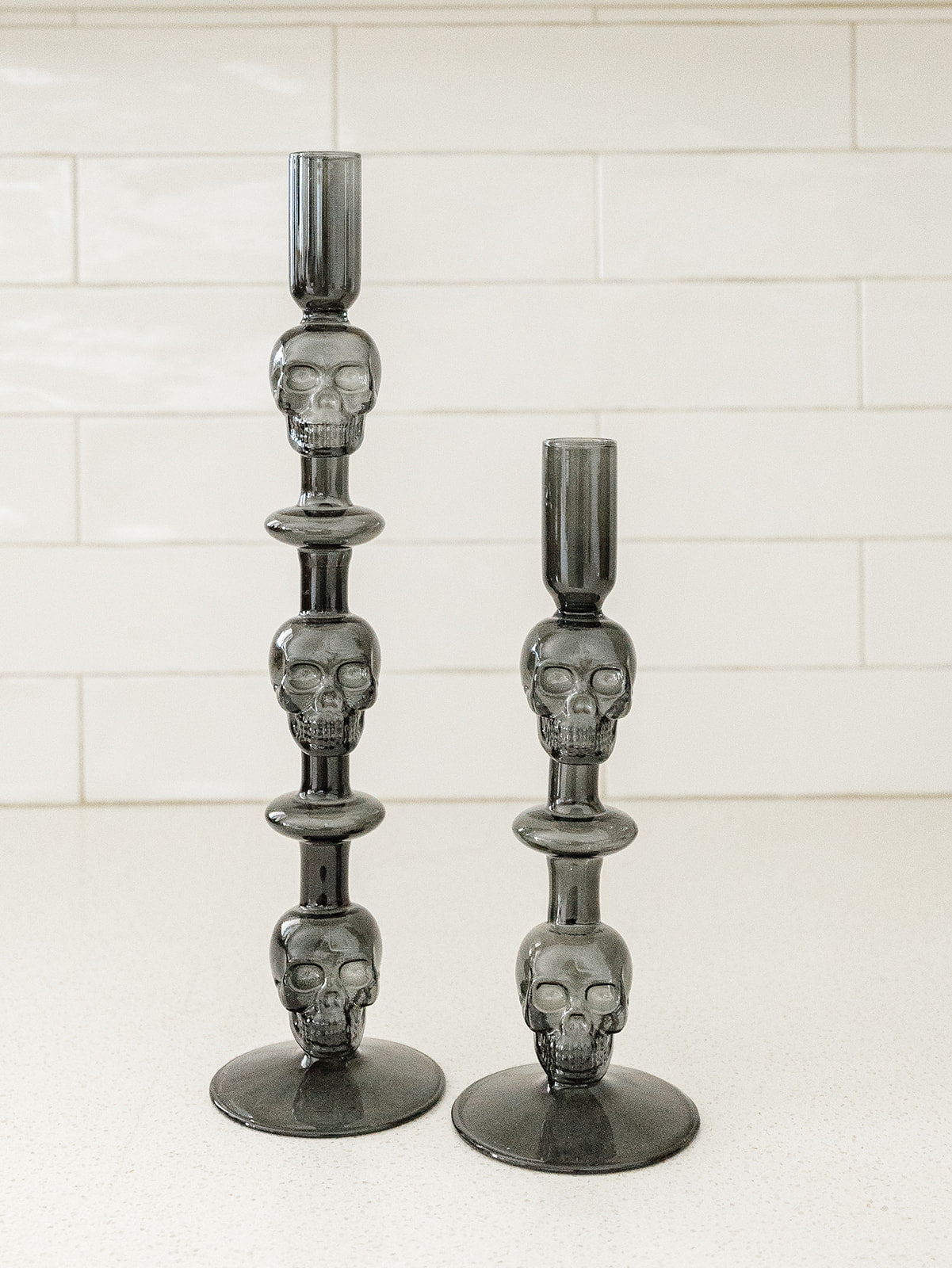 Gray Glass Skull Taper Holders - Set of 2