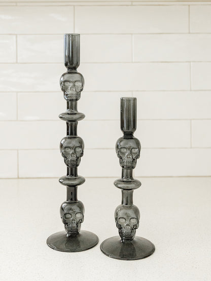 Gray Glass Skull Taper Holders - Set of 2