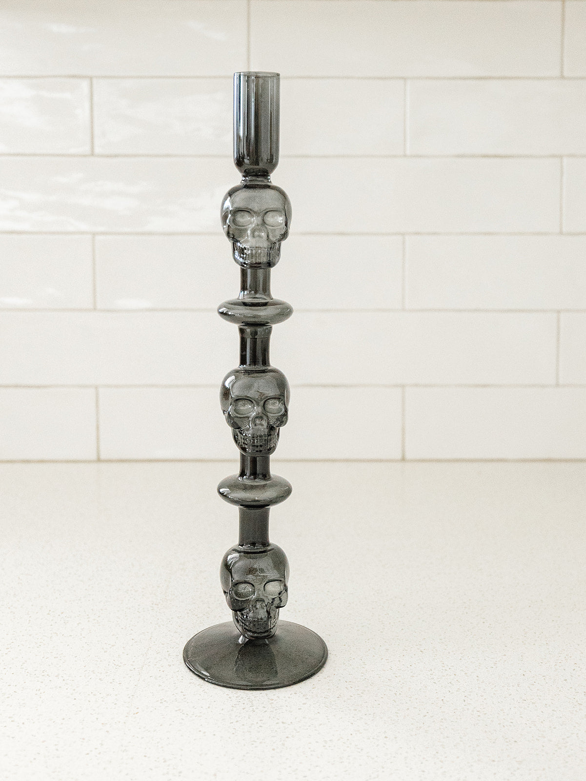 Gray Glass Skull Taper Holders - Set of 2