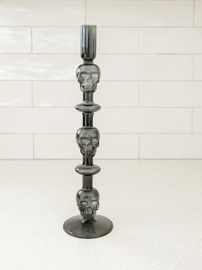 Gray Glass Skull Taper Holders - Set of 2