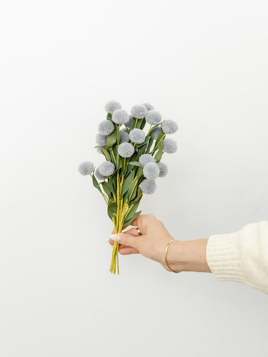 Gray/Blue Pompom Spray Bundle (6 Stems)- 13"