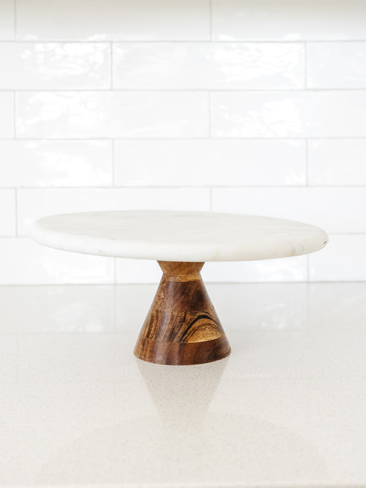 Marble Pedestal with Acacia Wood Base