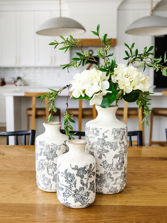 White and Gray Floral Vase - 3 Sizes