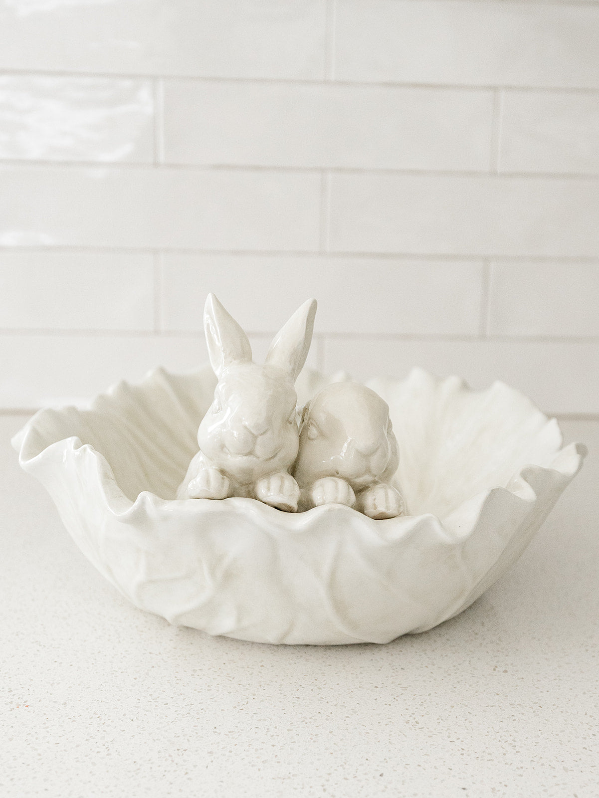 Antiqued White Cabbage Bowl with Rabbits