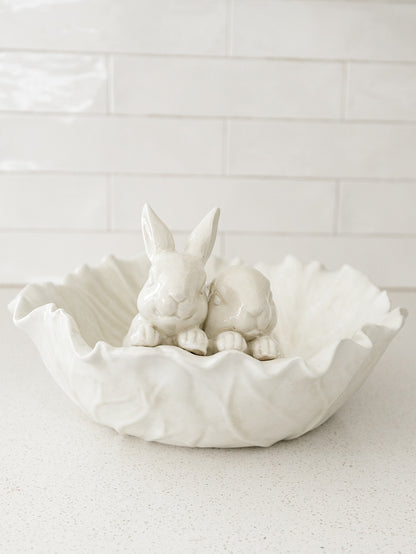 Antiqued White Cabbage Bowl with Rabbits