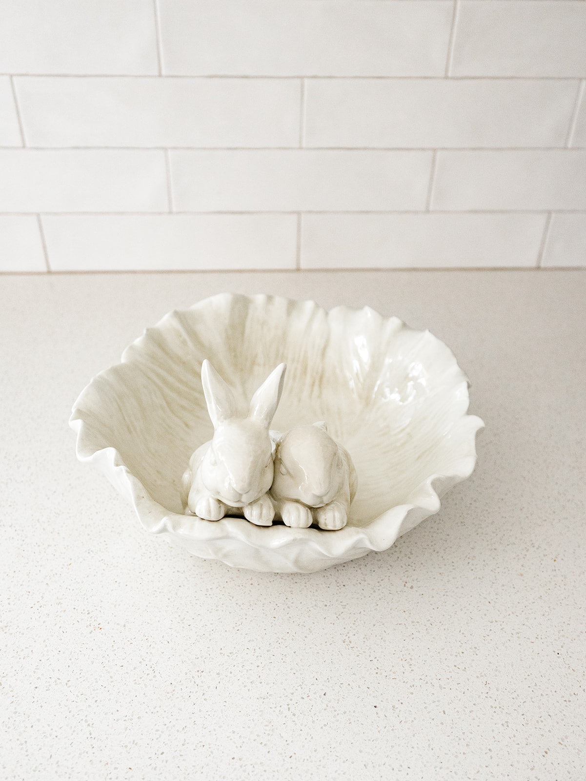 Antiqued White Cabbage Bowl with Rabbits