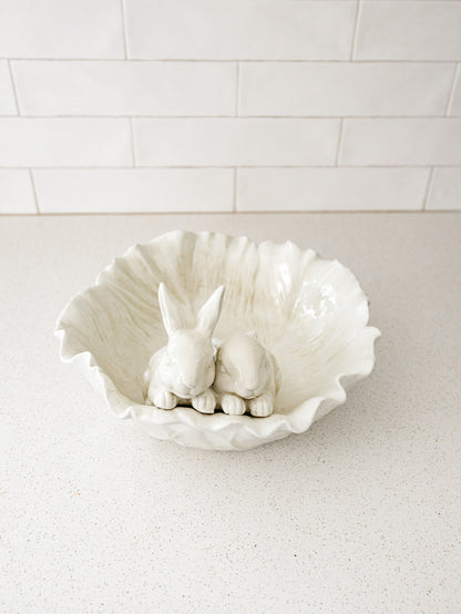 Antiqued White Cabbage Bowl with Rabbits