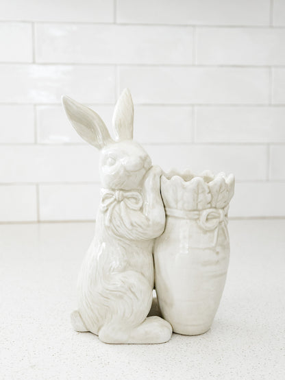 Antiqued White Carrot Vase with Rabbit