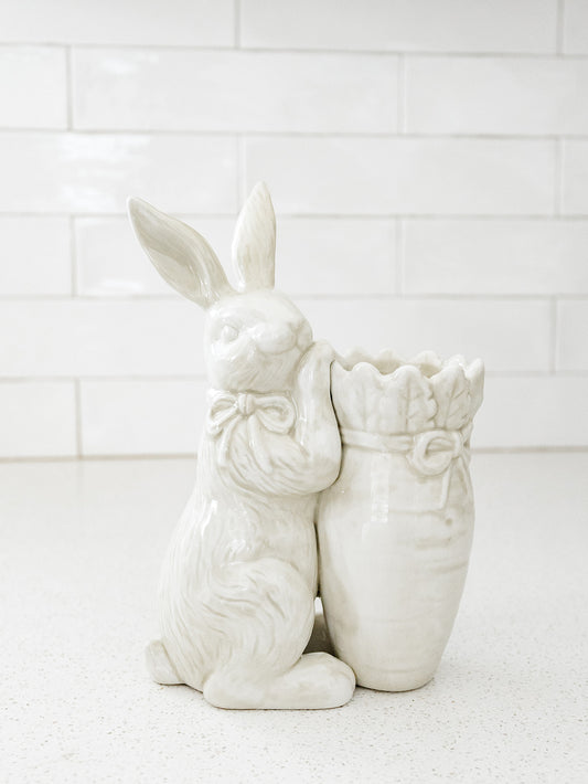 Antiqued White Carrot Vase with Rabbit