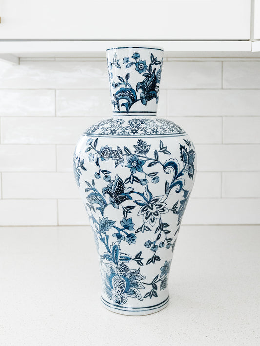 Blue and White Chinoiserie Fluted Vase