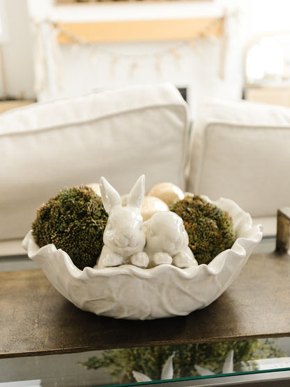 Antiqued White Cabbage Bowl with Rabbits