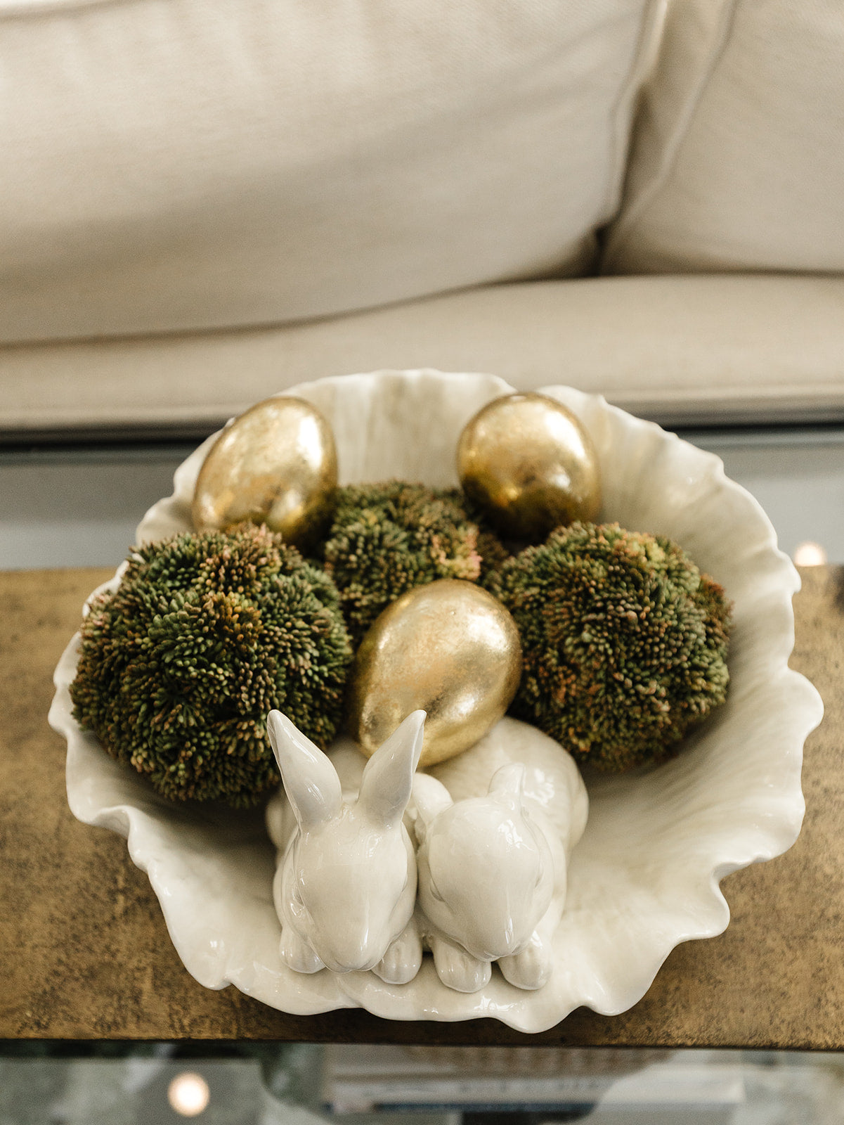 Antiqued White Cabbage Bowl with Rabbits