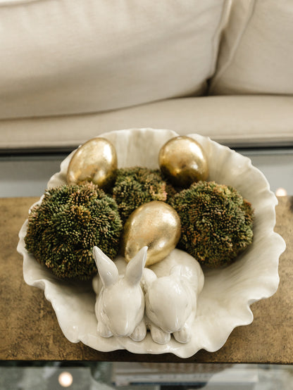 Antiqued White Cabbage Bowl with Rabbits