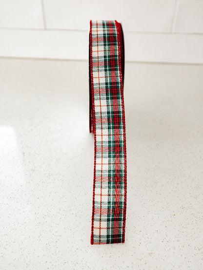 Christmas Plaid Green Red Ivory and Gold Ribbon - 2 Widths