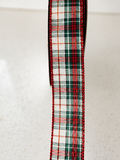 Christmas Plaid Green Red Ivory and Gold Ribbon - 2 Widths