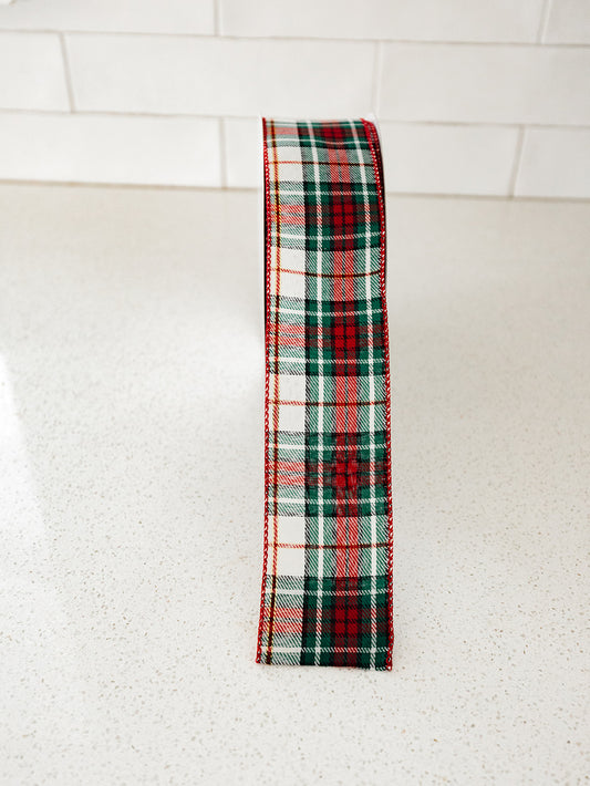 Christmas Plaid Green Red Ivory and Gold Ribbon - 2 Widths