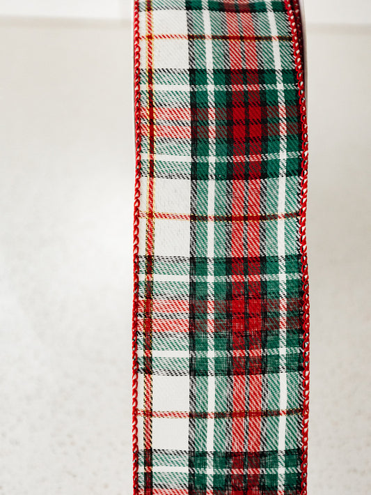 Christmas Plaid Green Red Ivory and Gold Ribbon - 2 Widths