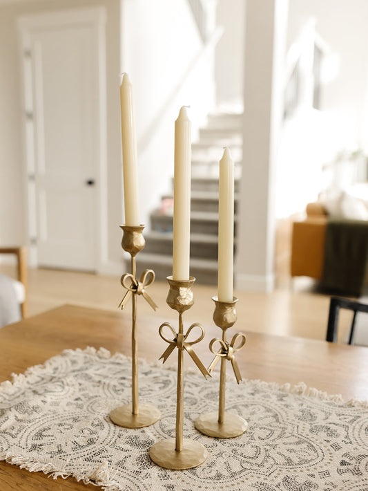 Bow Tied Antique Gold Taper Holders - Set of 3