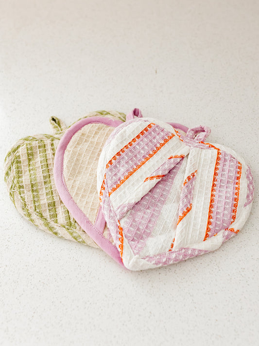 Quilted Waffle Weave Heart Shaped Pot Holders - Set of 3