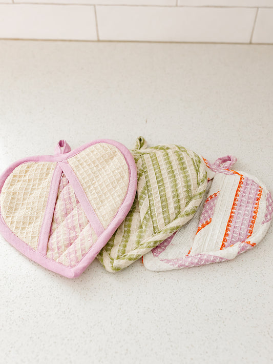 Quilted Waffle Weave Heart Shaped Pot Holders - Set of 3